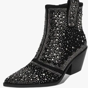 ISNOM Women's Crystal Boot Rhinestone Pointed Toe Ankle Boots Mid Heel